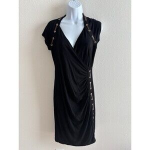 Carmen Marc Valvo Dress Faux Leather Detail Runched Dress Size L